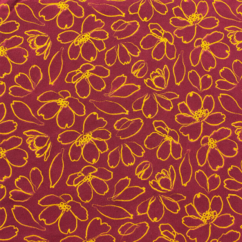 Preview: Viskose-Webware Blumenkontur Bordeaux-Senfgelb